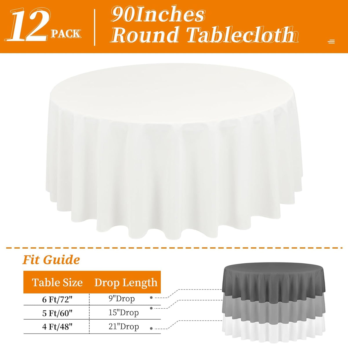 12 Pack Round Tablecloth 90 Inch - Ivory Polyester Table Cloth for Round Table, Premium Ivory