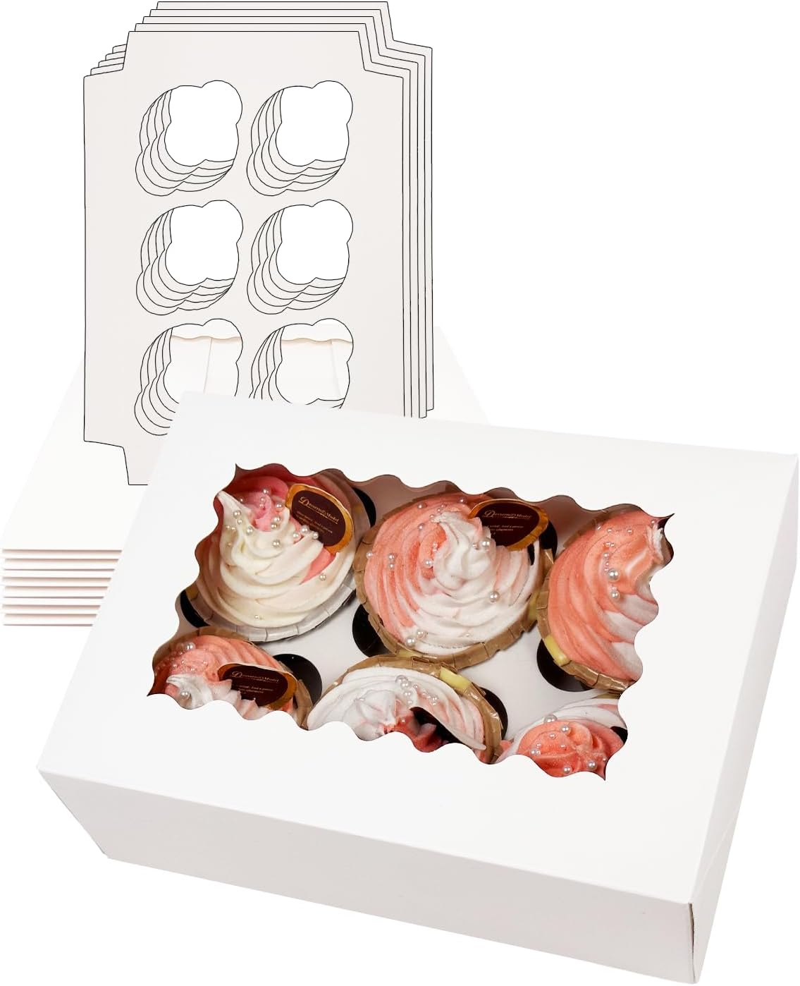 Bakepacker Auto-pop up 6 Cupcake Boxes with Window 20 Count White Box 9.4 x 6.1 x 3 inch Cupcake