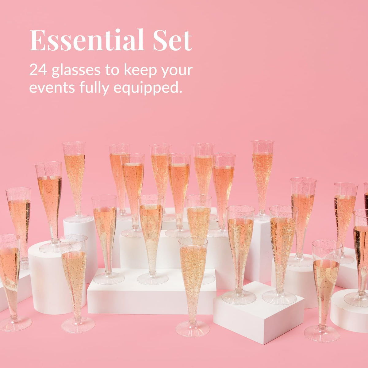 Prestee 24 Champagne Flutes Plastic - Disposable Flute - Silver Glitter Plastic Glasses for Parties