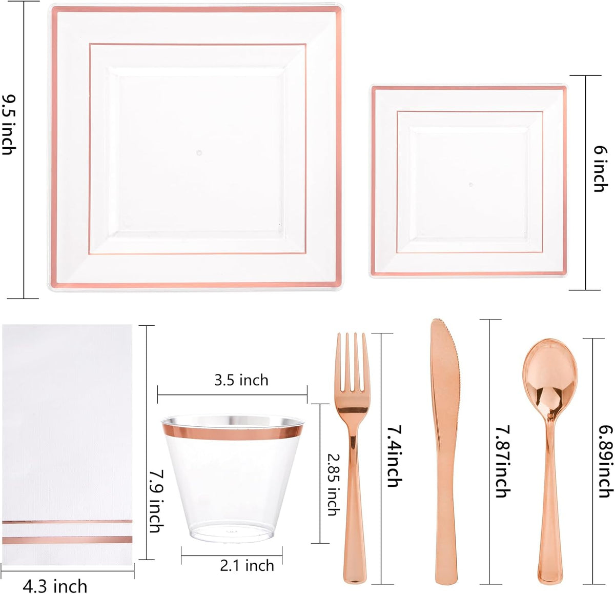 Festiva 350Pcs Rose Gold Plastic Plates - Clear Rose Gold Disposable Dinnerware Sets for 50Guests