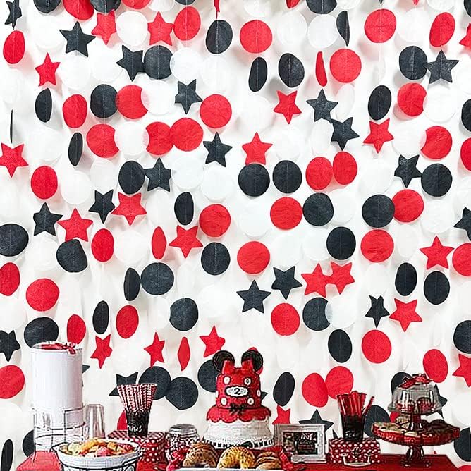 173 Ft Red Black and White Party Decorations Big Star Circle Dots Backdrop Streamer Garland for