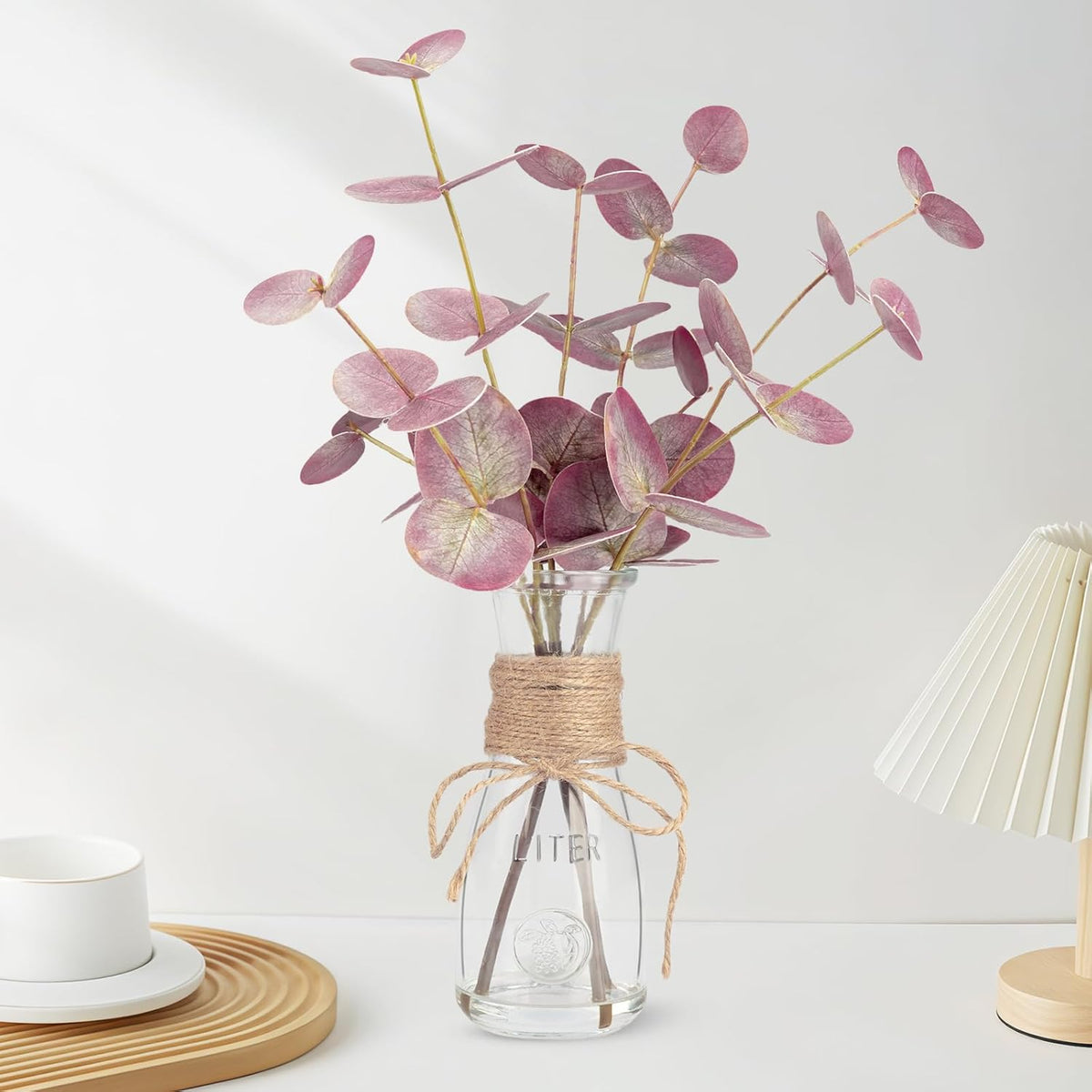 Artificial Eucalyptus Stems in Glass Vase with Faux Water, 15" Small Bathroom Greenery with