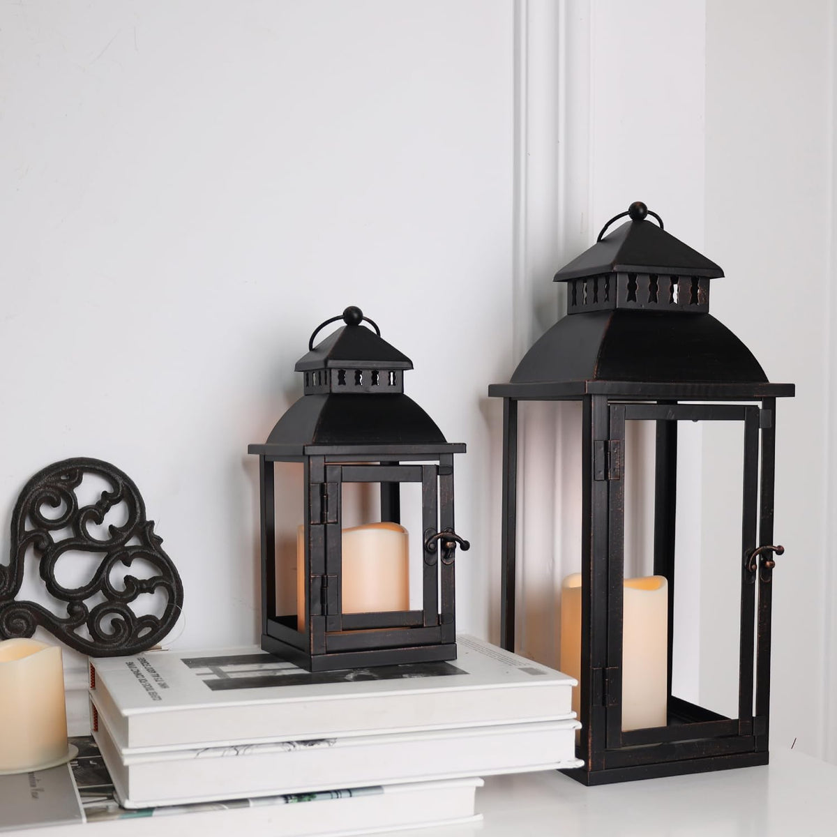 NEEDOMO LED Lanterns Decorative Outdoor&Indoor, Set of 2 Large Bronze Metal Lantern Decor with LED