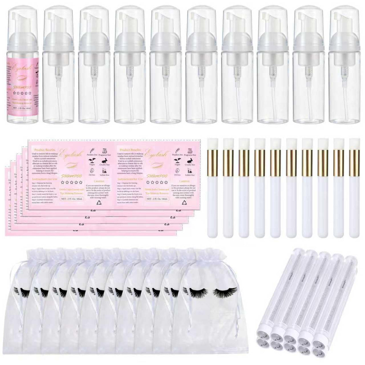 50 Pcs Lash Shampoo Bottle Brushes Set 10 Empty Foam Pump Dispensers 10 Label Stickers 10 Mascara