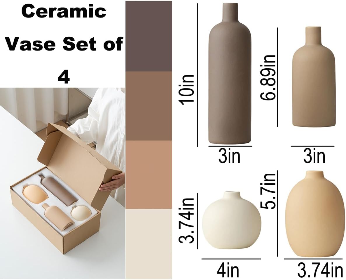 Modern Ceramic Vase Set, Neutral Colors, Decorative Vases for Home Shelf Decor, 4 Piece Collection