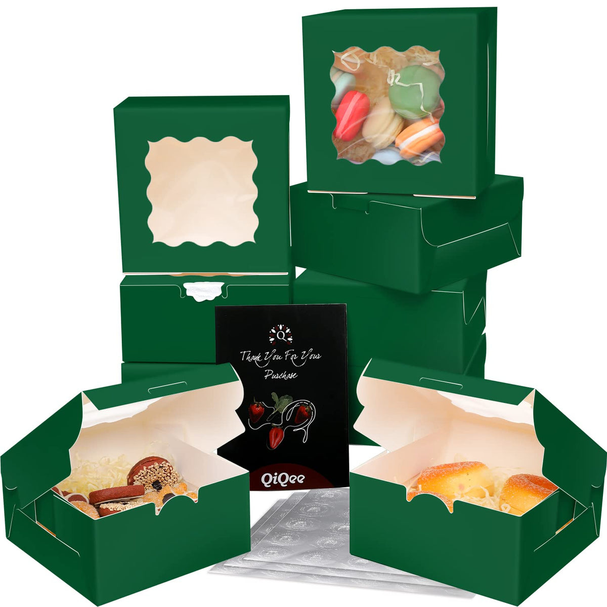 Bakepacker 60pcs Deep Green Bakery Boxes with Window 6x6x3 inches Thick & Sturdy Macaroon Pastry