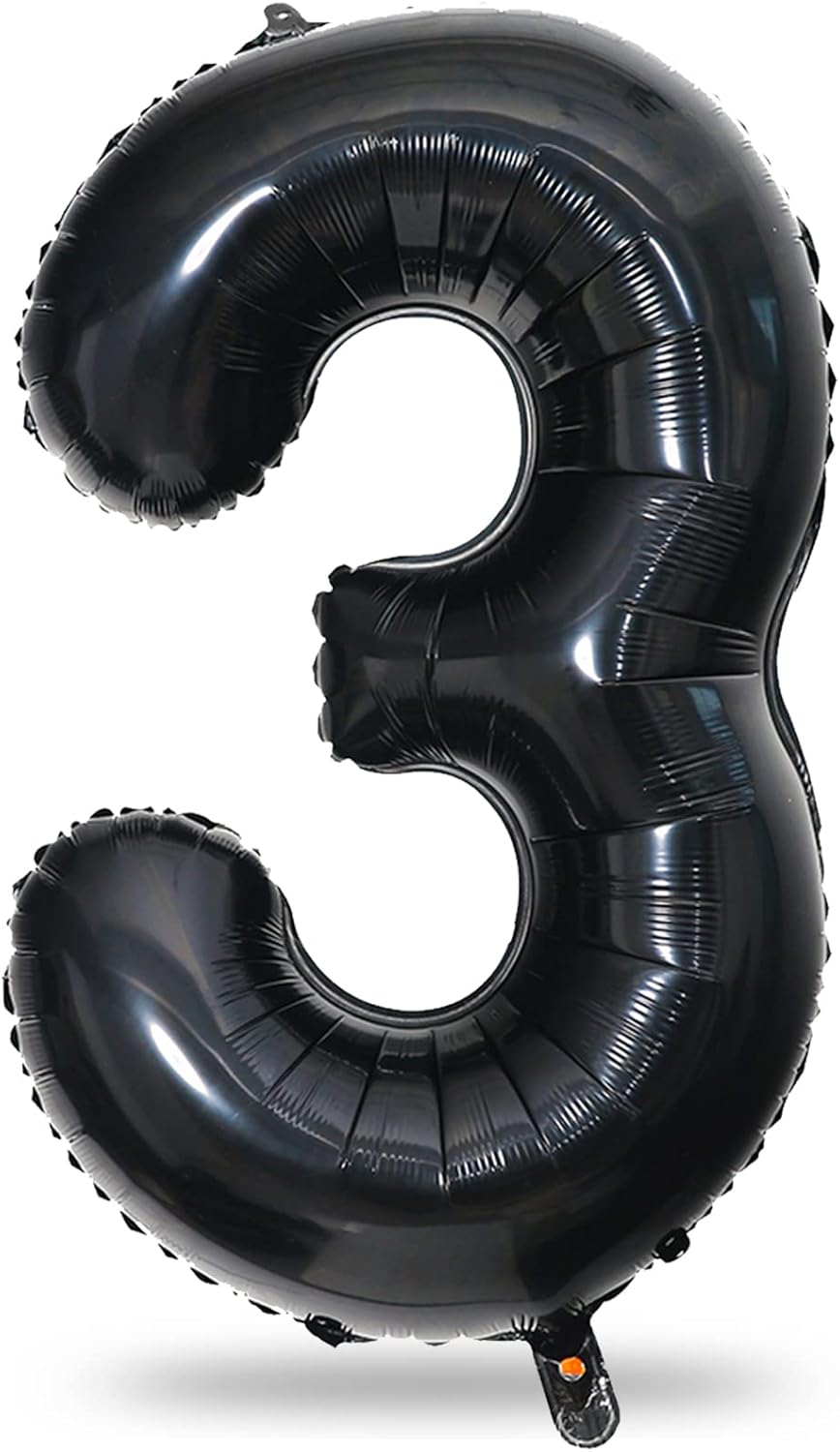 40" Black Number 3 Balloon for Birthday Party Decorations, Large Self Inflating Helium Foil Number