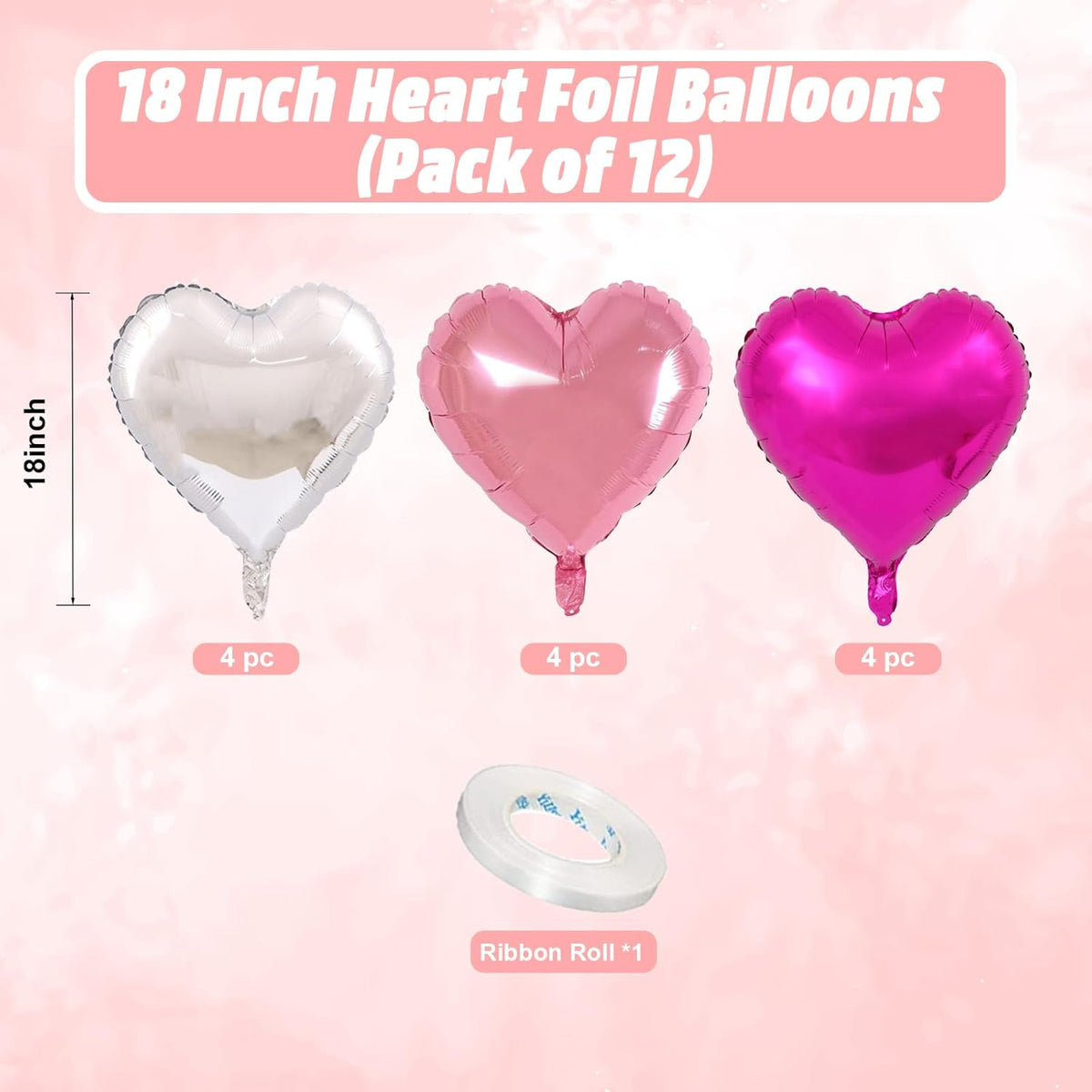 Rose Red Silver Heart Balloons, 18 Inch Light Pink and Silver Heart Shaped Balloon, 12PCS Hot Pink