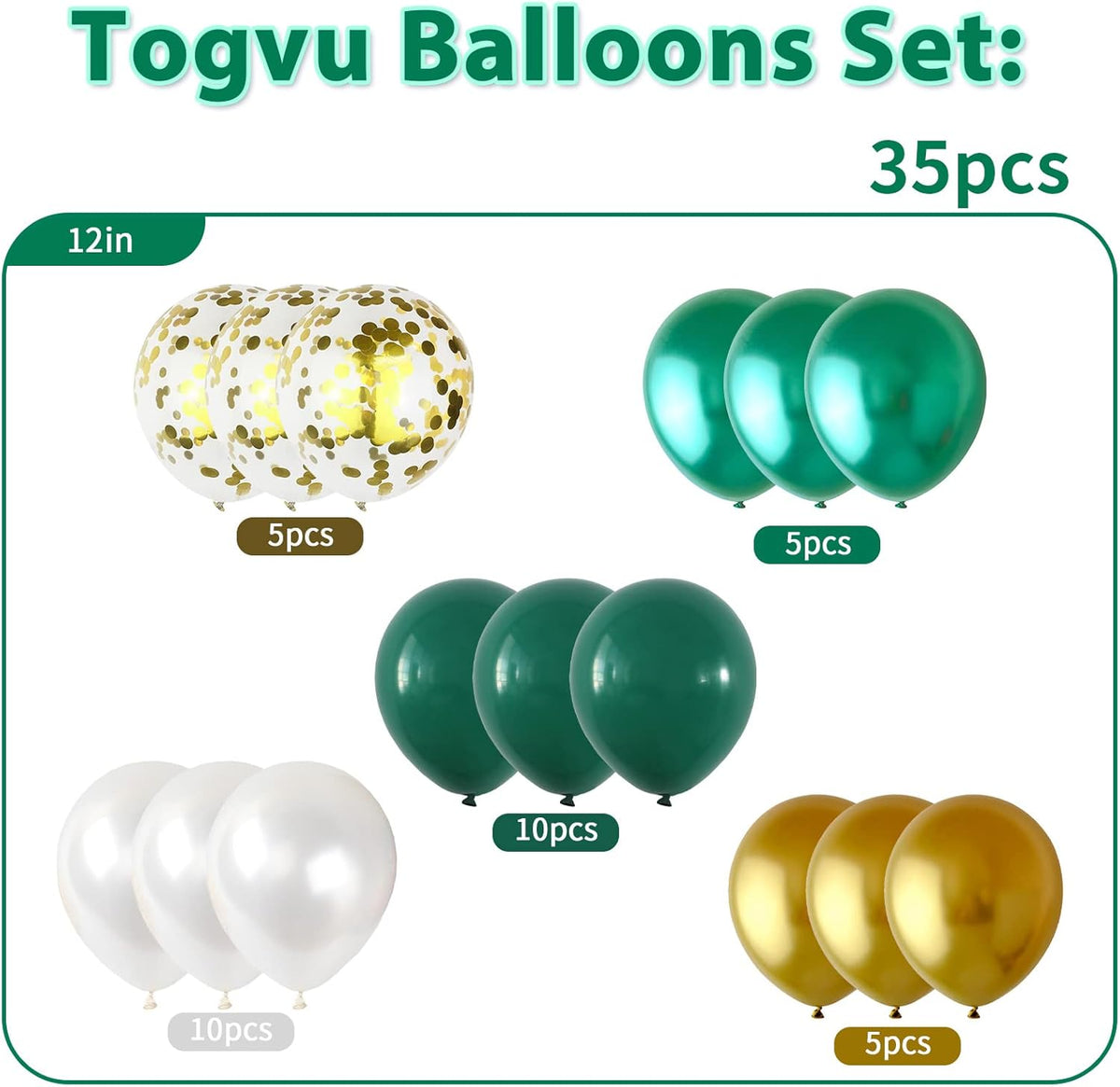 Balloons Green Gold White, 35pcs Dark Green White Metallic Chrome Green Gold Confetti Latex