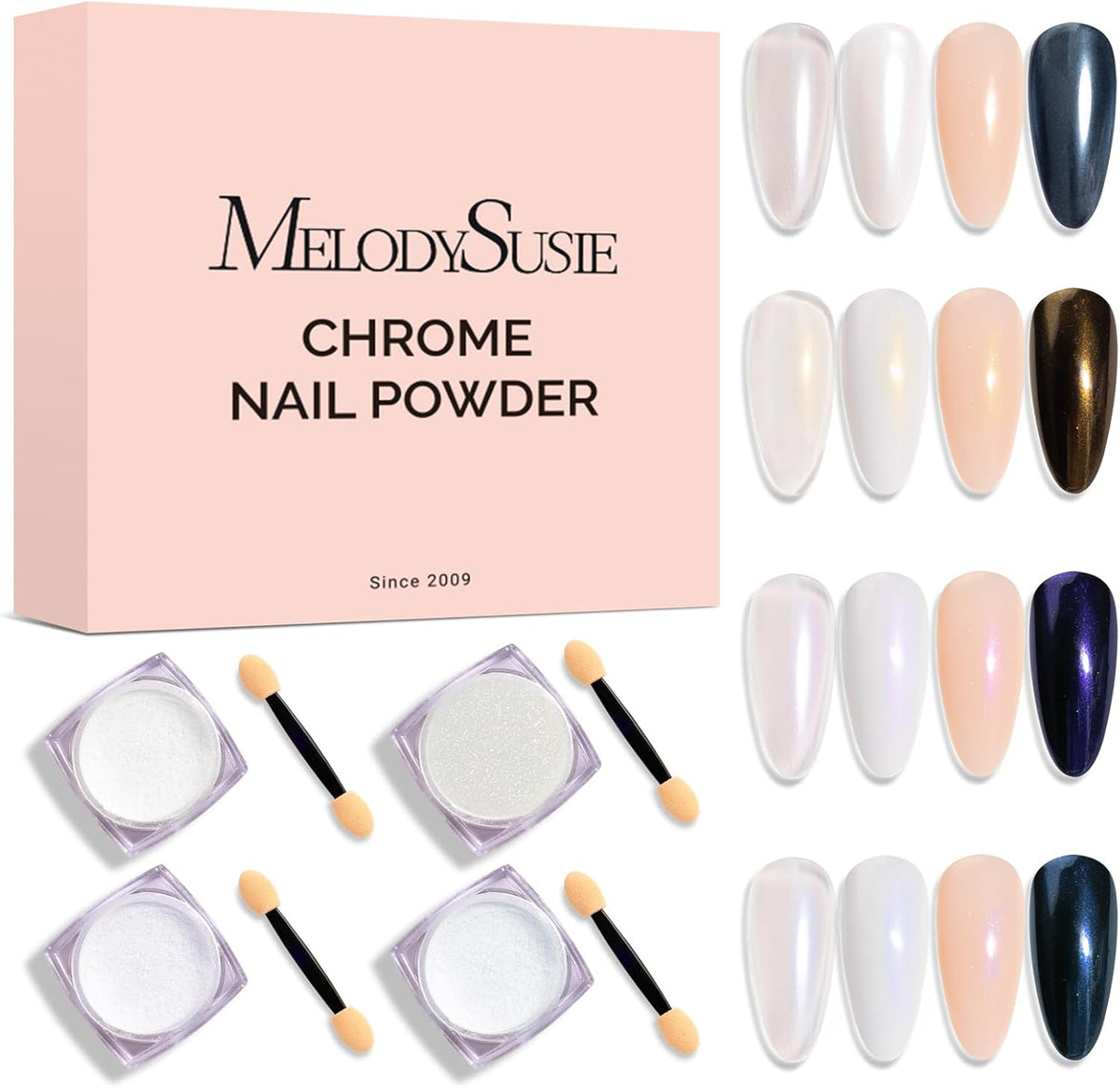 MelodySusie 4Pcs Chrome Nail Powder for Gel Nails, Aurora Fine Glitter Powder Mirror Effect Pigment