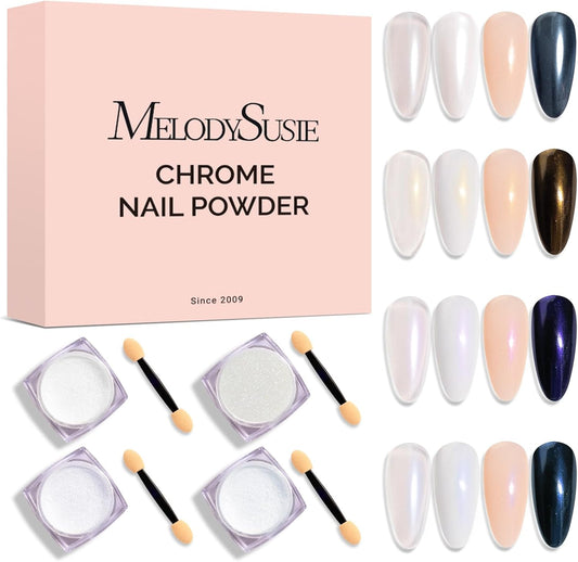 MelodySusie 4Pcs Chrome Nail Powder for Gel Nails, Aurora Fine Glitter Powder Mirror Effect Pigment