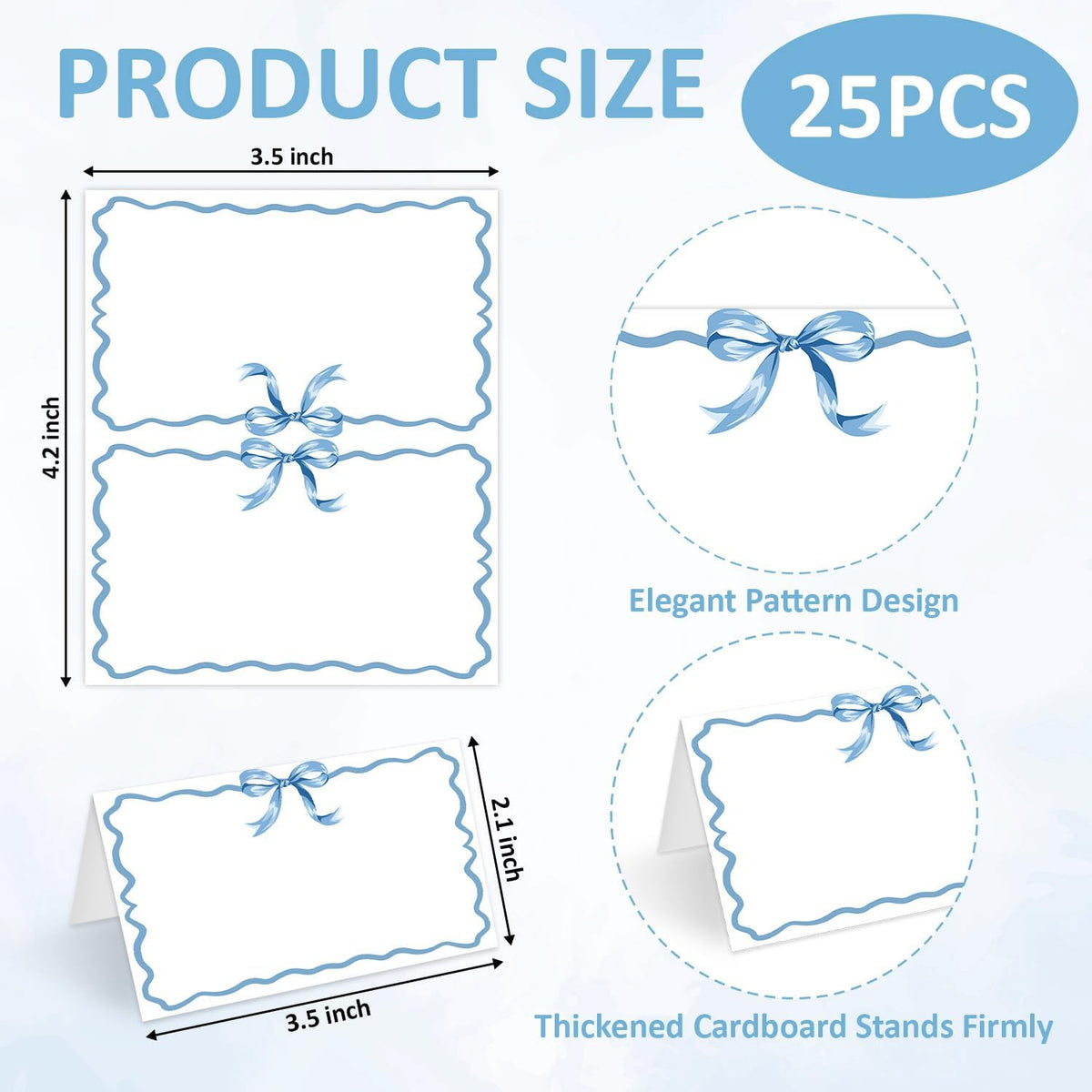 25 Pcs Blue Bow Place Cards, Blank Tent Name Cards for Food Buffet, Dinner Party, Wedding