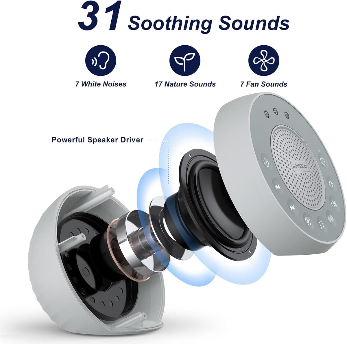 Housbay Glows White Noise Sound Machine, 31 Soothing Sounds, 5W Loud Stereo Sound, Sleep Timer
