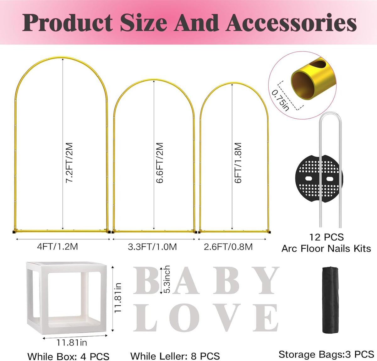 Metal Arch Backdrop Stand ,Set of 3 (7.2 ft/6.6 ft/6 ft) Square Wedding Arch Frame ，Gold Balloon