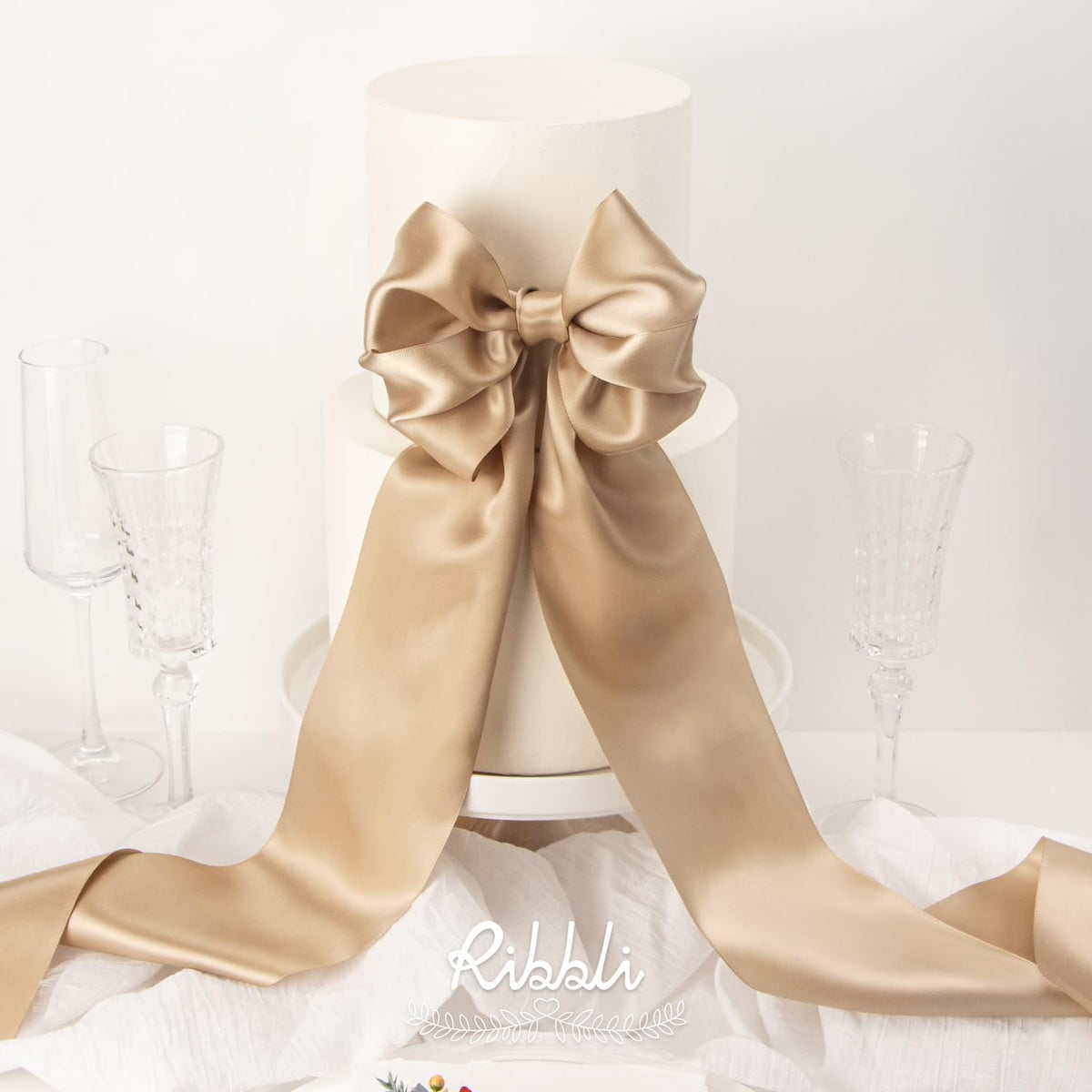 Ribbli Champagne Gold Satin Ribbon 4 Inch Wide Champagne Ribbon for Wedding Chair Sash Grand