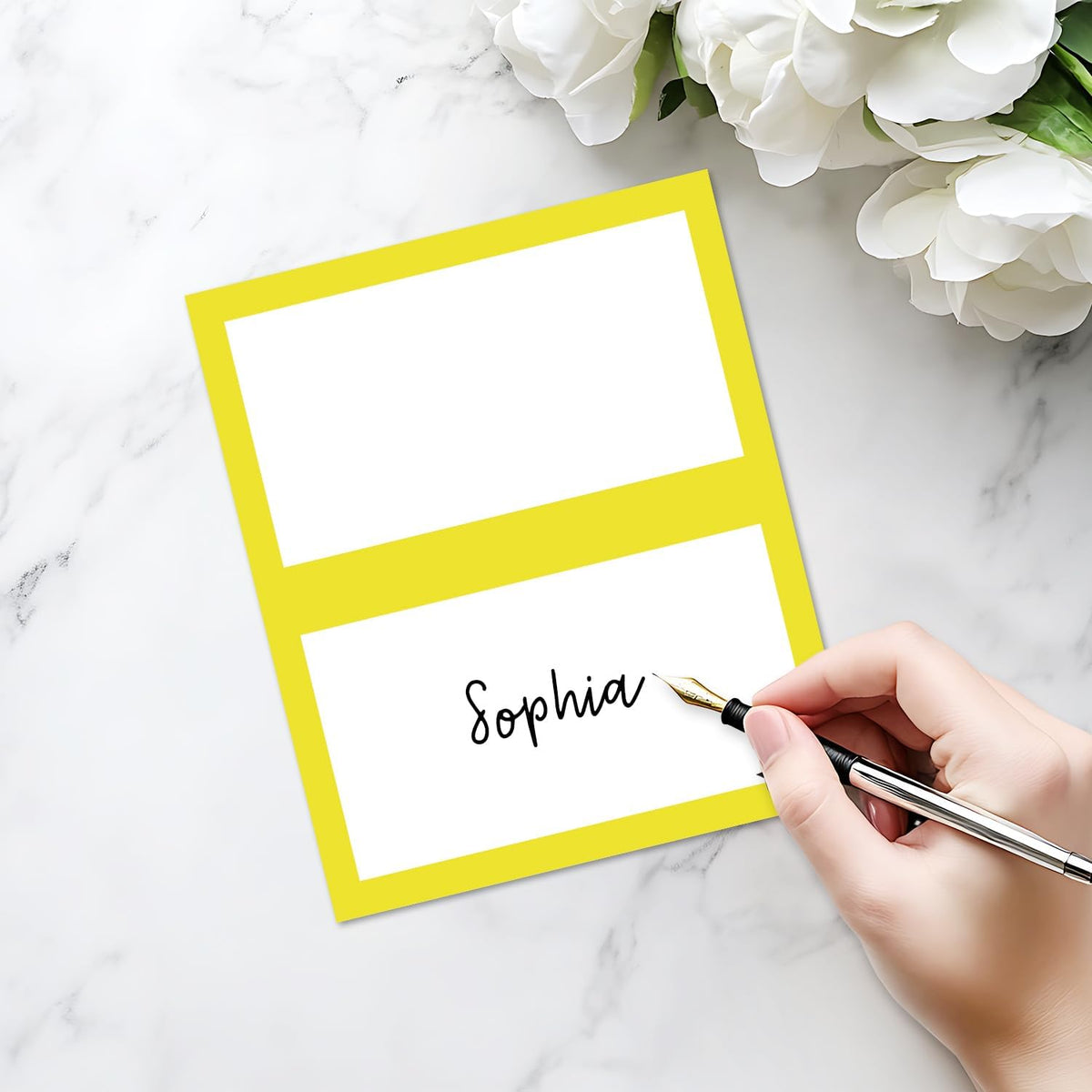 25 Pack Yellow Border Place Cards, Editable Name Cards for Table Setting, Tent Cards Food Label for