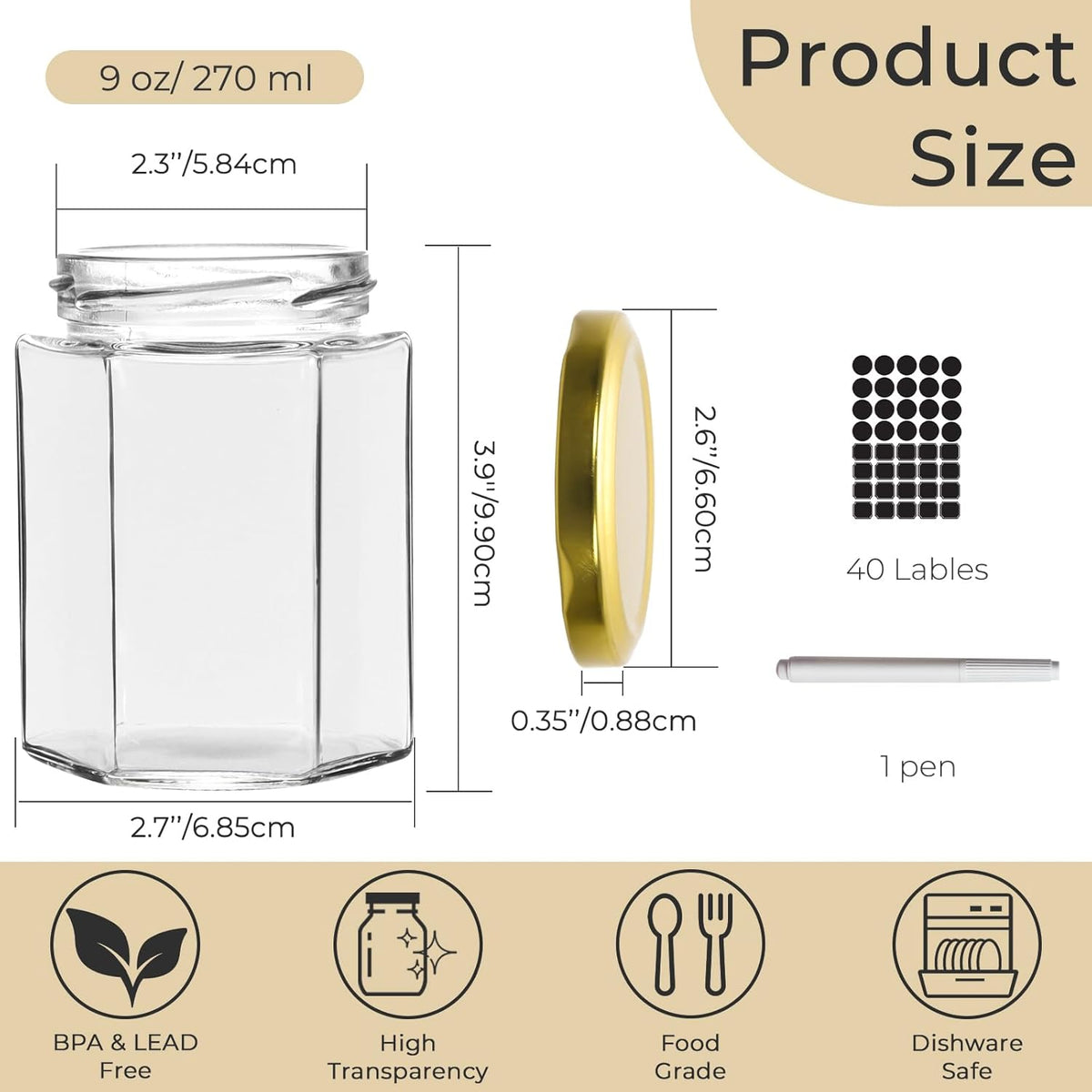 9 oz Hexagon Glass Jars with Gold Lids, 20 Pcs Canning Jars for Jam, Honey, Jelly, Candy, Candle