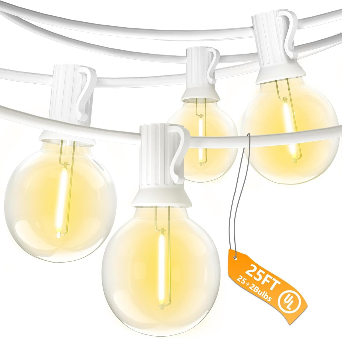 SUNSGNE 25FT G40 LED White Outdoor String Lights, White Patio Lights with 25 Shatterproof LED Clear
