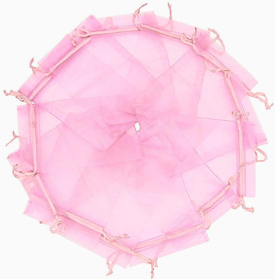 Wudygirl 100pcs Sheer Pink 5''X7 Organza Bags with Drawstring Jewelry Lipstick Pouches Baby Shower