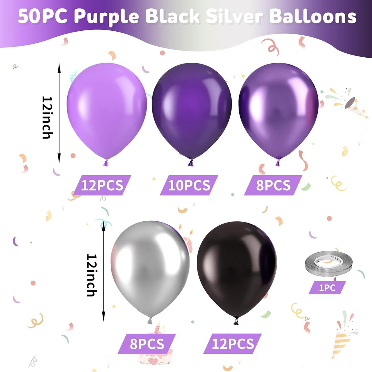 Purple Black Silver Balloons, 50pcs Purple and Black Balloons, Metallic Purple Silver Balloon for