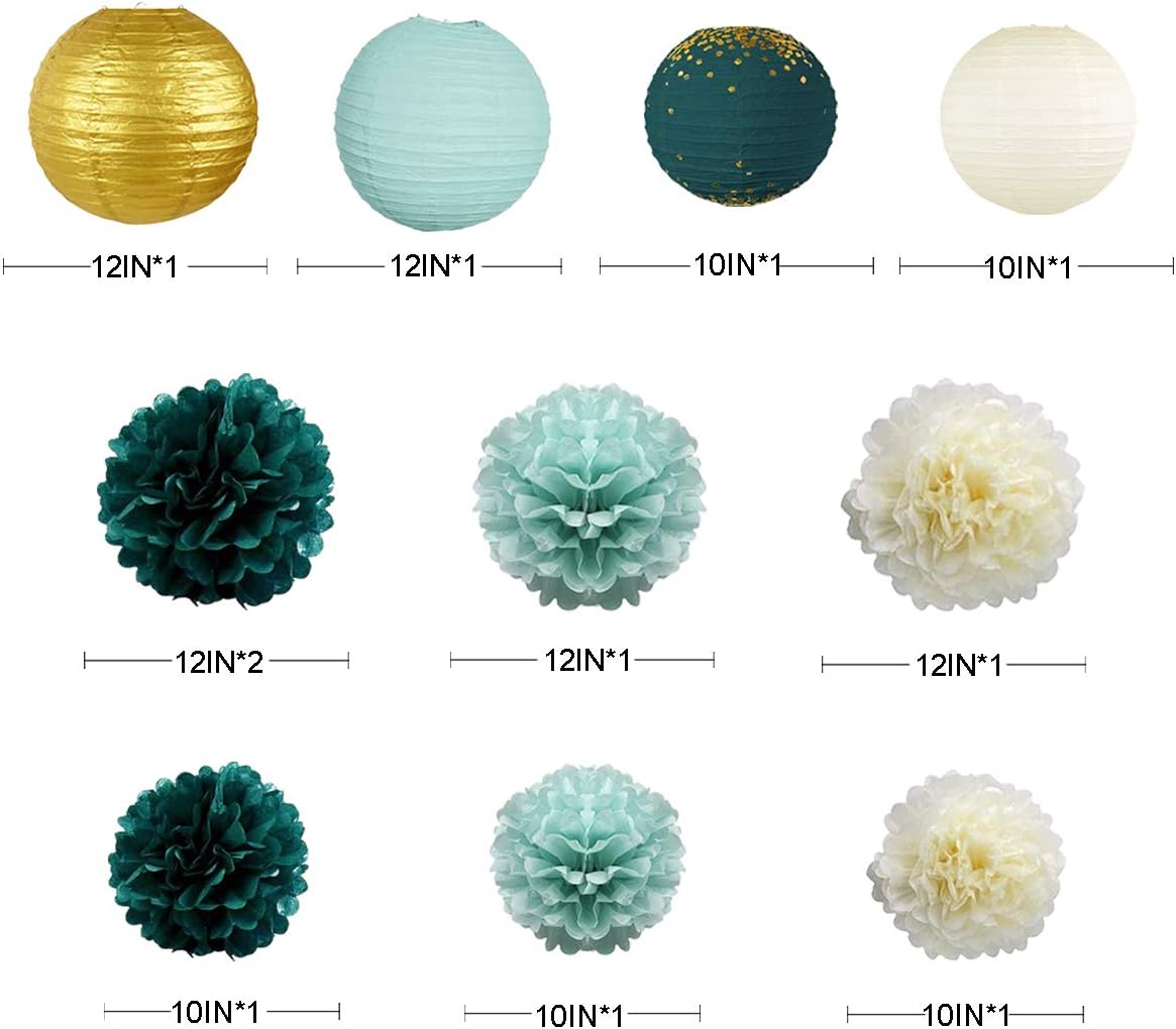 Hunter Green and Gold Hanging Tissue Lantern Flowers Pom Pom with 3D Butterflies Leaf Garland