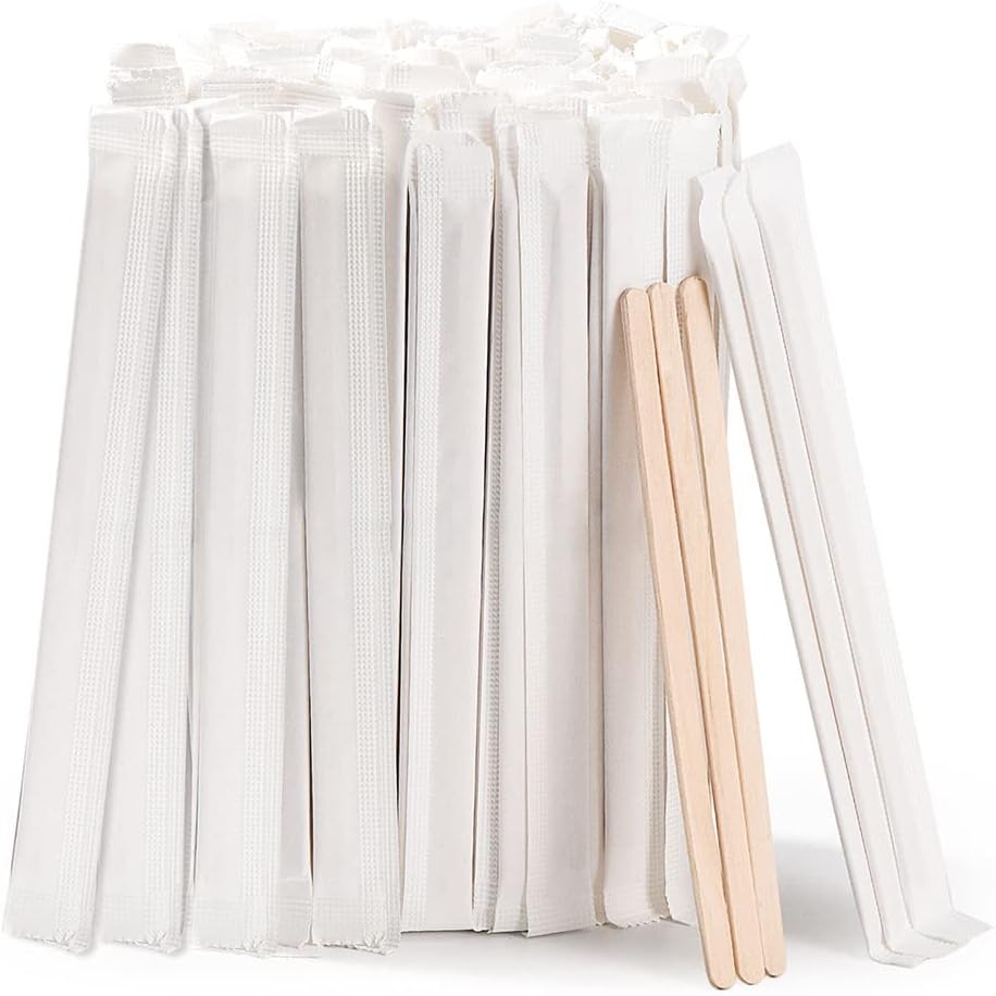 200pcs Individually Wrapped Coffee Stirrers Wood - 5.5" Coffee Stir Sticks, Round End Disposable
