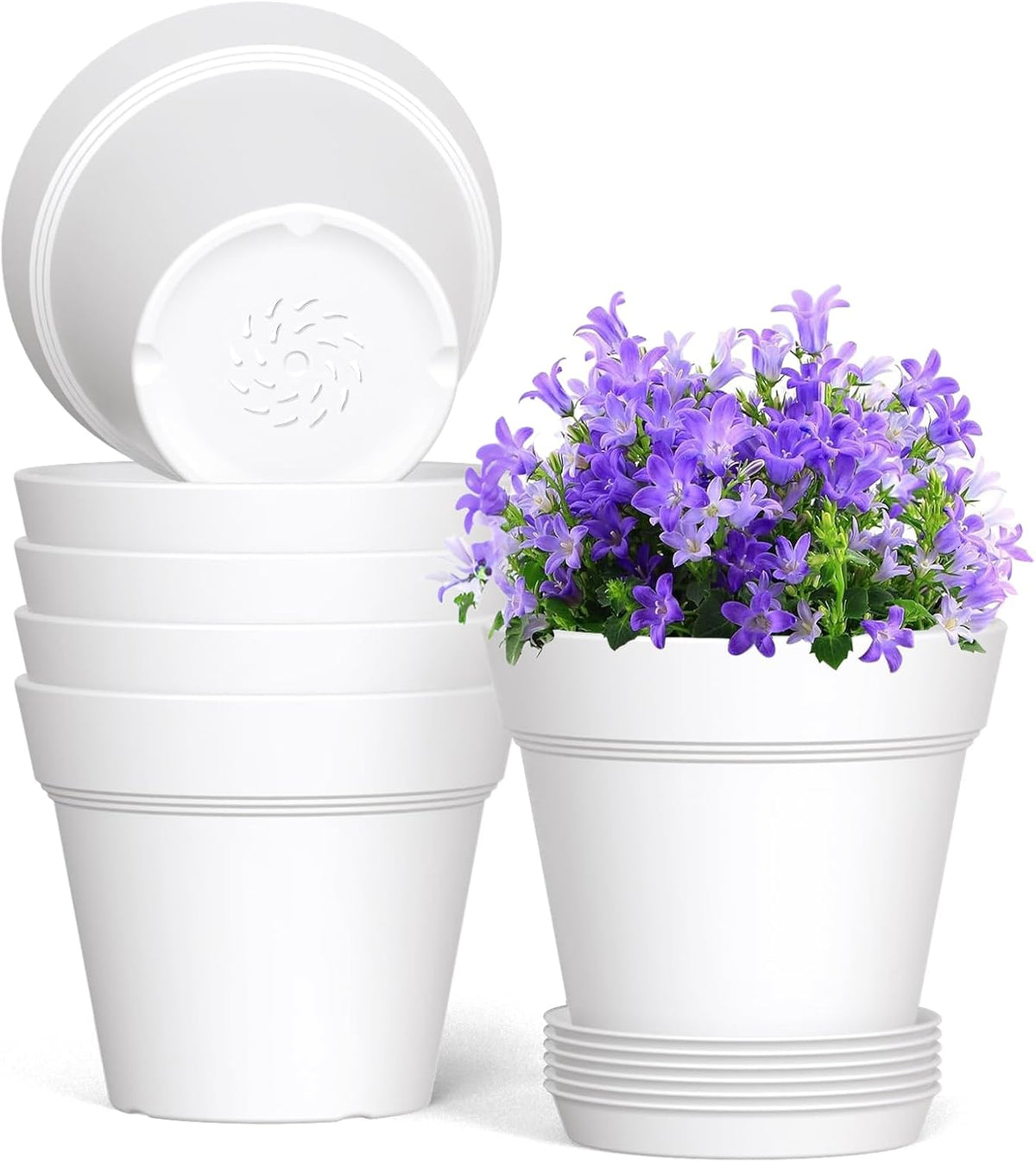 6 Inch Thick Plastic Plant Pots with Drainage Holes and Trays – 6 Pack Nursery Pots for Indoor &