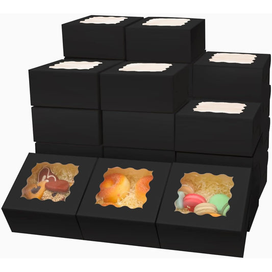 Bakepacker Black Bakery Boxes with Window 6x6x3 inches Thick & Sturdy Macaroon Pastry Boxes Cookie