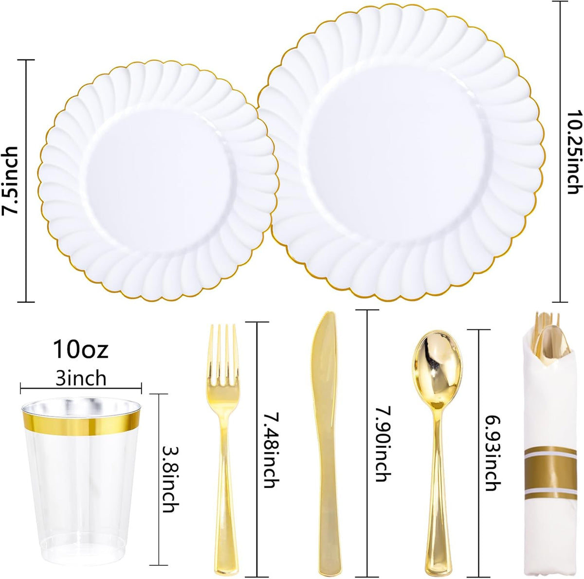 YOUBET 350PCS Gold Scalloped Plastic Plates - White and Gold Disposable Dinnerware Set Include 100