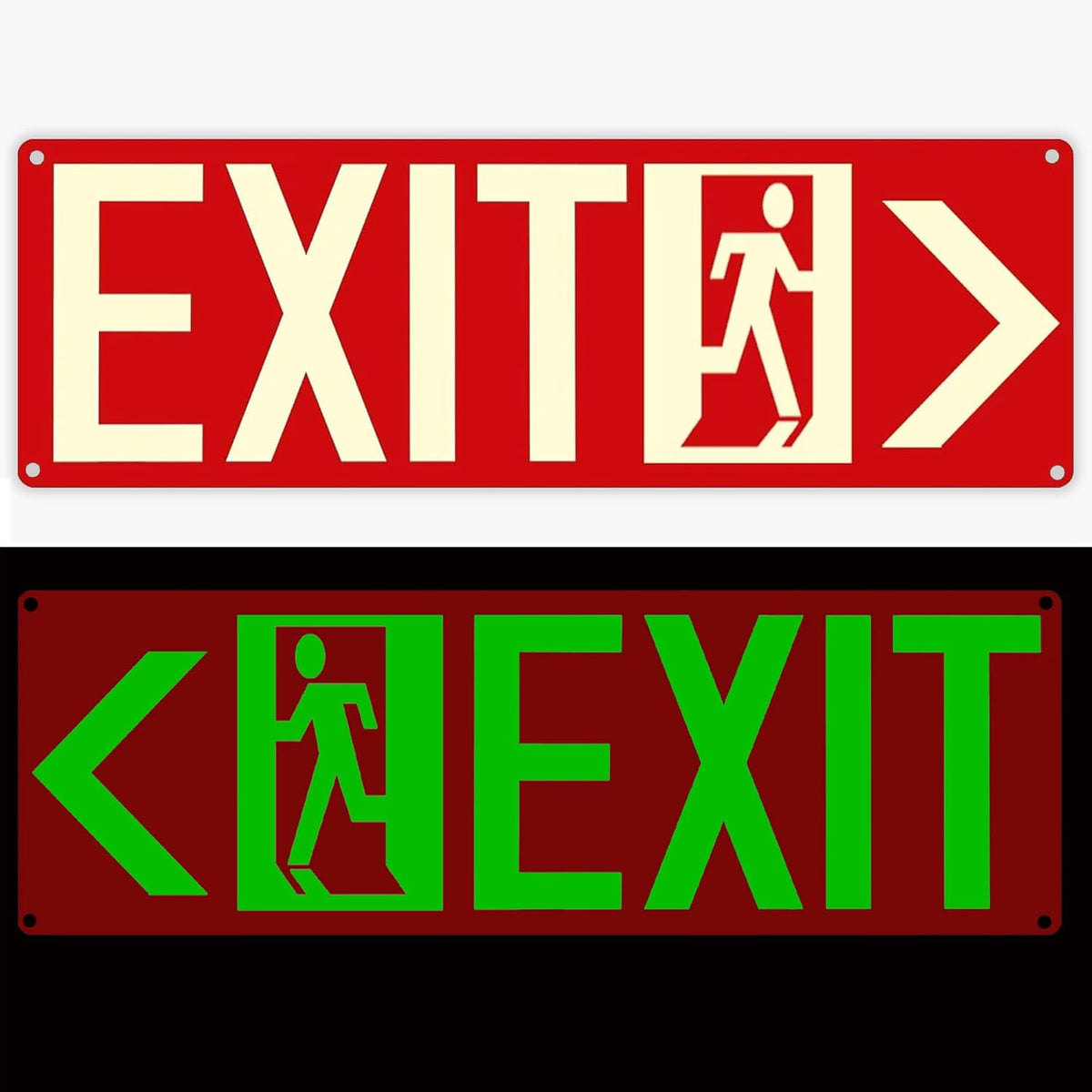 Photoluminescent Exit Signs, 14x5 inches, Red with Glow in Dark Feature, Self-Adhesive Aluminum