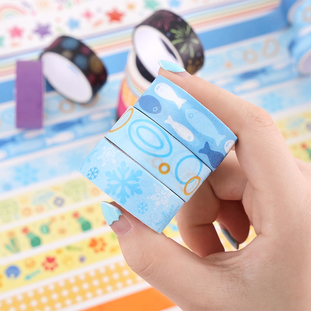 30 Rolls Colorful Theme Washi Tape Set with Different Colorful Patterns, Writable Decorative Tapes