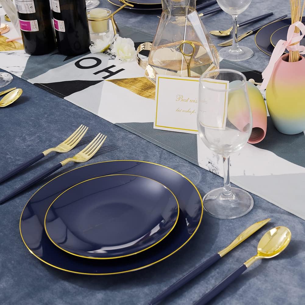 Liacere 150PCS Blue Plastic Plates - Gold Plastic Silverware with Blue Handle - Navy Disposable