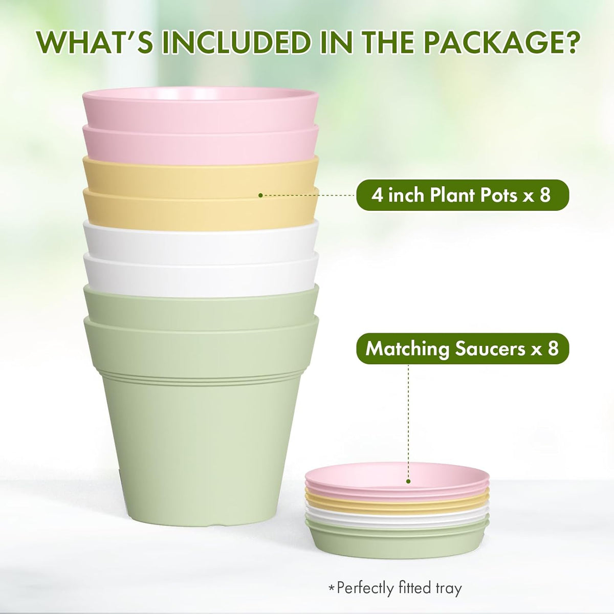 4 Inch Plastic Plant Pots with Drainage Holes and Trays – 8 Pack Small Nursery Pots for Indoor &