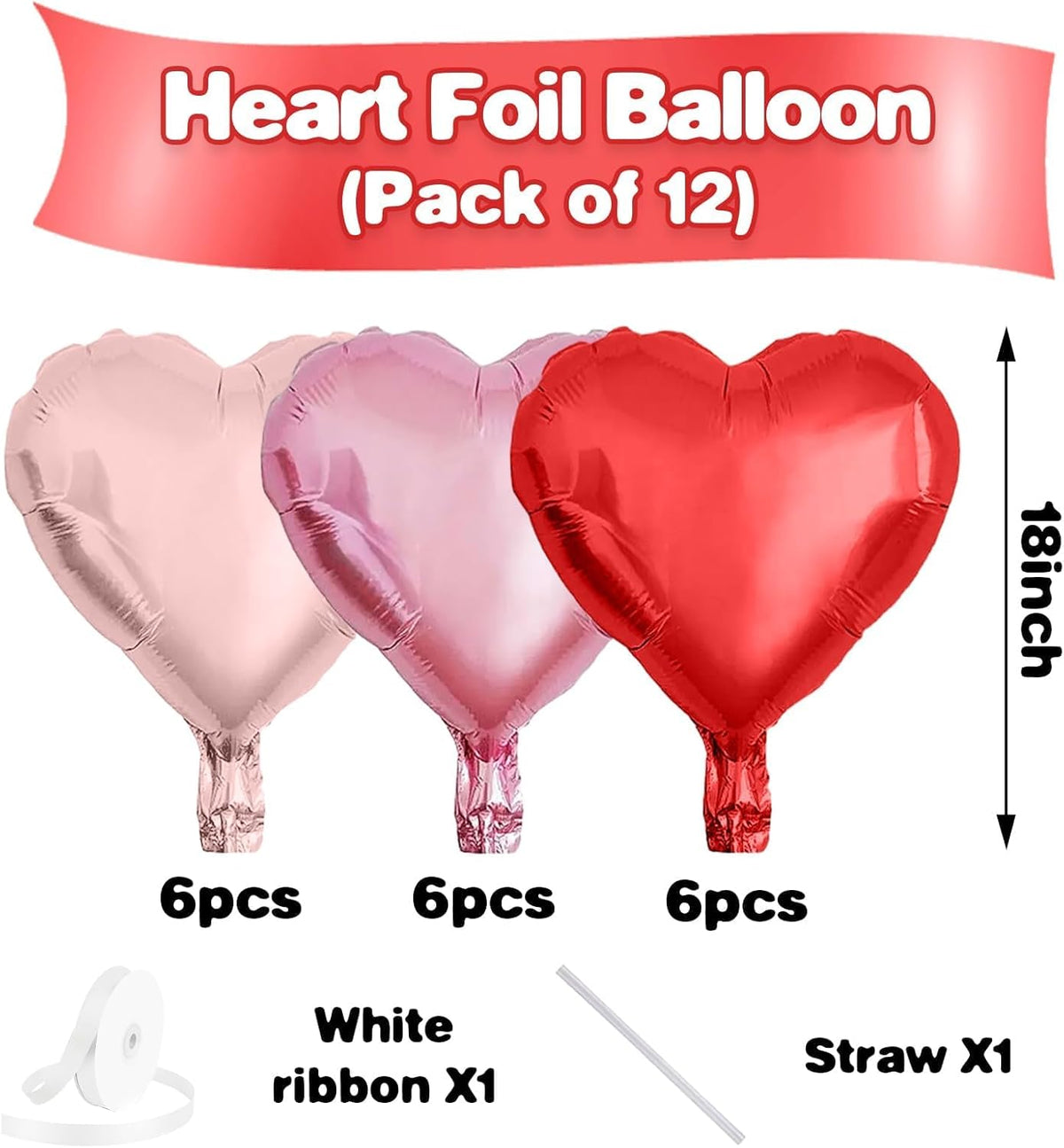 Pastel Pink Red Heart Balloons,12Pcs 18 Inch Baby Pink Foil Love Heart Shaped Balloons for Women