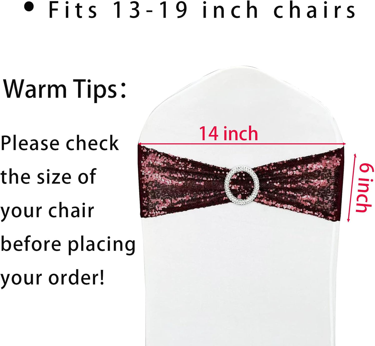 10 Pcs Sequin Chair Sashes Stretch Chair Bands Spandex Polyester Bows for Party Hotel Wedding