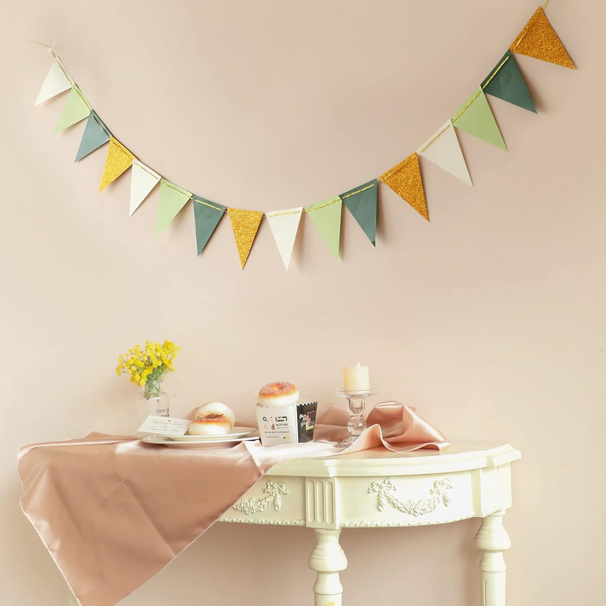 Fonder Mols Paper Pennant Party Decorations Large Gold Green(10 Feet), Triangle Flags Bunting