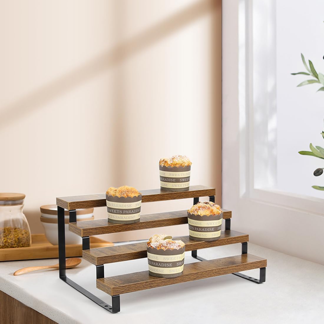 4-Tier Wooden Display Riser Shelf Stand for, Makeup, Cupcake, Condiment & Dolls Collection Home