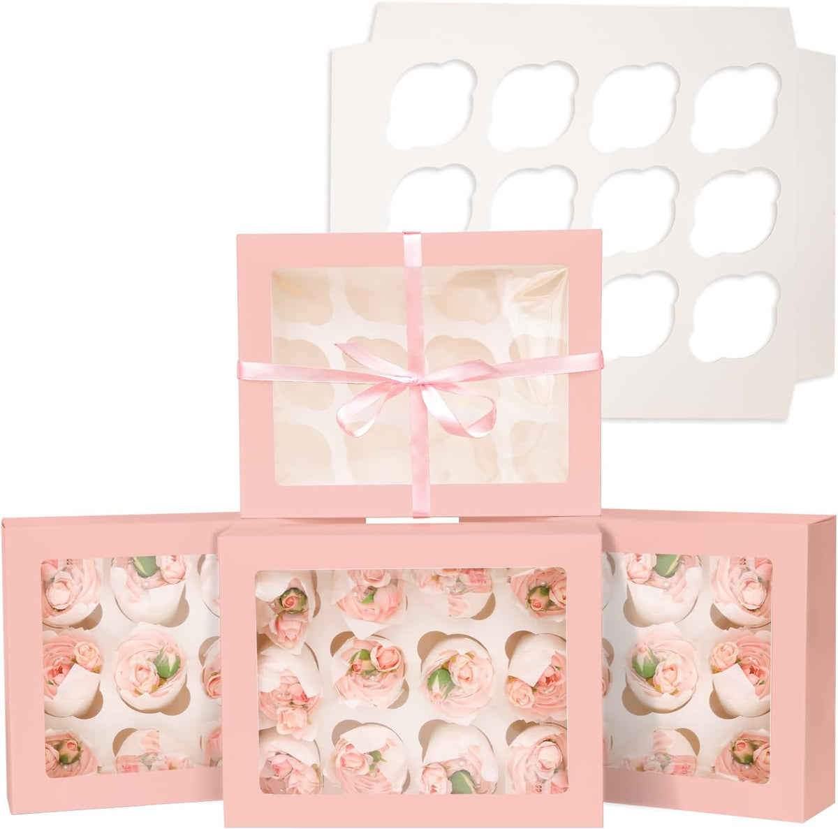 Bakepacker Auto-pop up 12 Cupcake Containers 6-Packs Pink Cupcakes Carrier, 12 Cupcake Boxes with