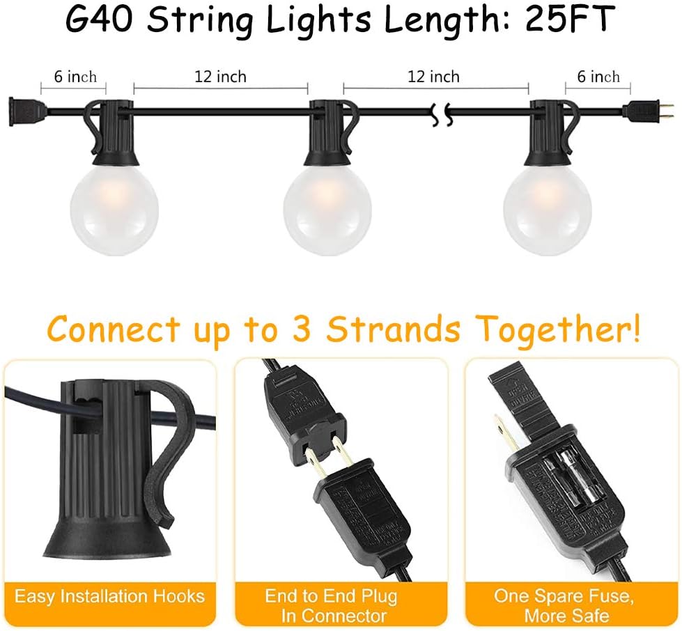 SUNSGNE 25Ft Outdoor Patio String Lights G40 with 27 Frosted White Globe Bulbs, Waterproof