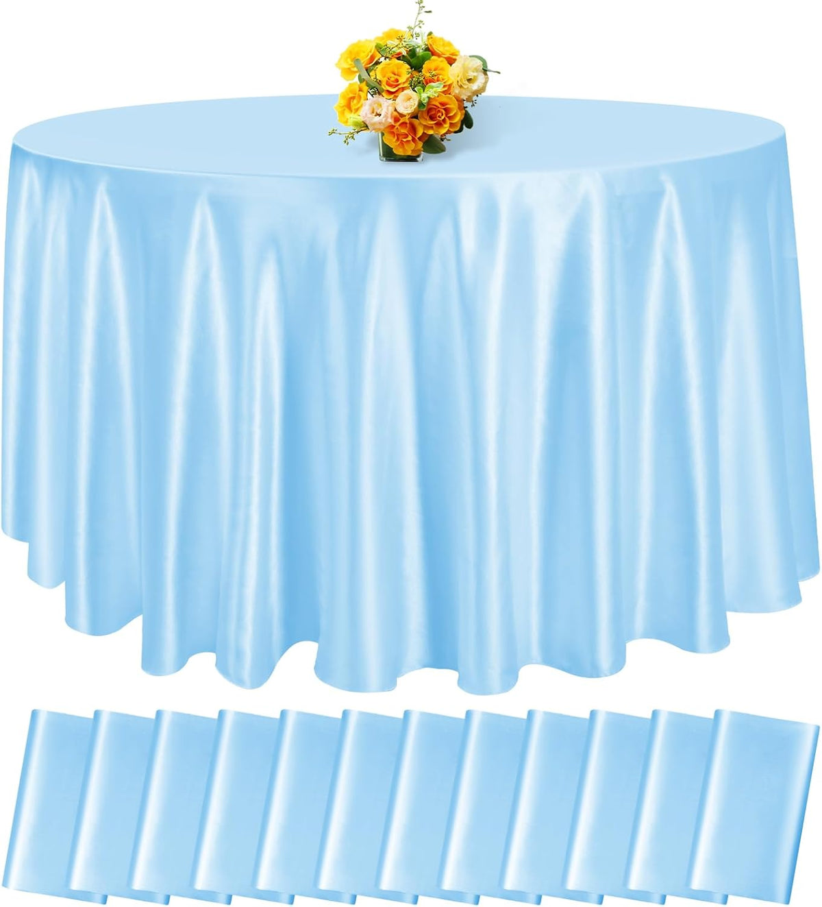 fani 12 Pack 120 Inch Light Blue Satin Tablecloth - Silky Round Tablecloth Overlay Smooth Fabric