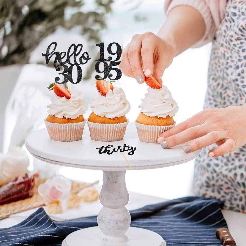 24 Pcs Black Glitter 30th Birthday Cupcake Toppers for 30th Anniversary Birthday Party Wedding