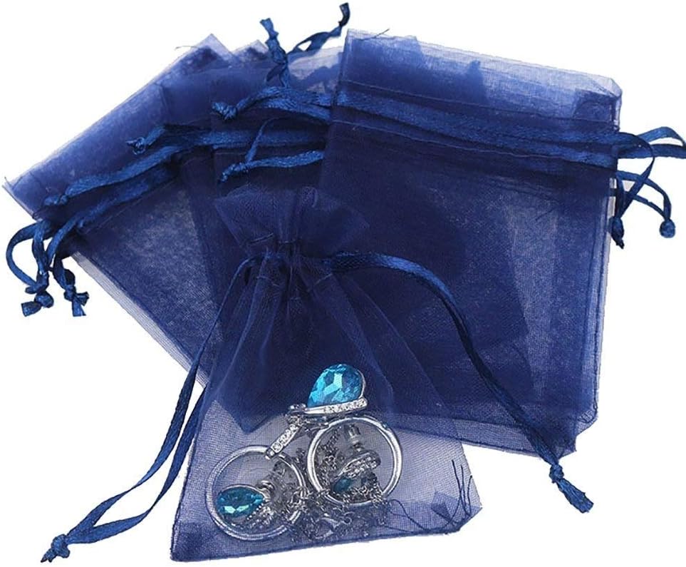 Wudygirl 100PCS Organza Bags 5X7 inch Navy Blue with Drawstring Jewelry Pouch Favor Wedding Favor