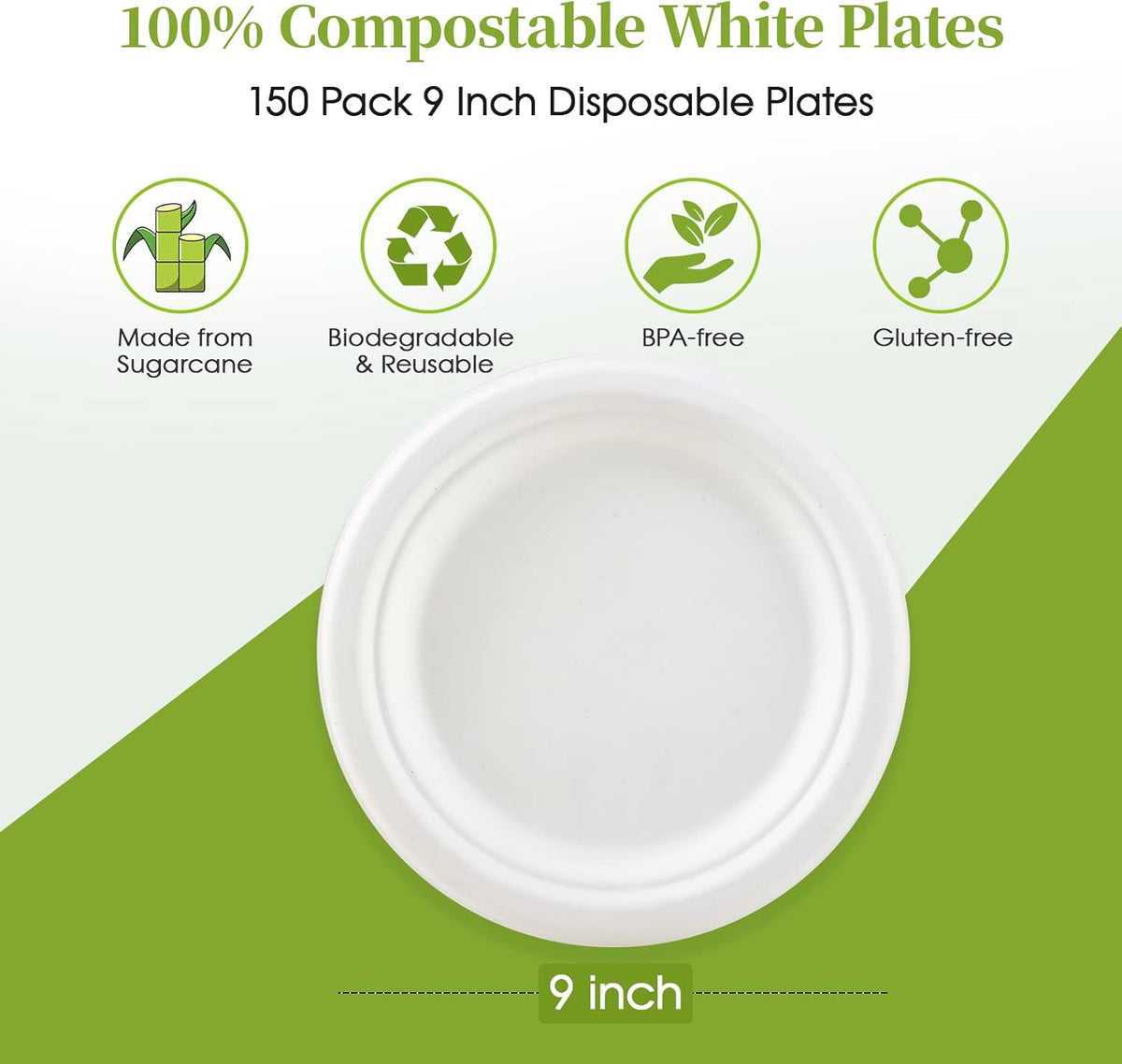 ECOLipak 9 inch 150 Pack Compostable Paper Plates, Heavy Duty Disposable Biodegradable Eco-friendly