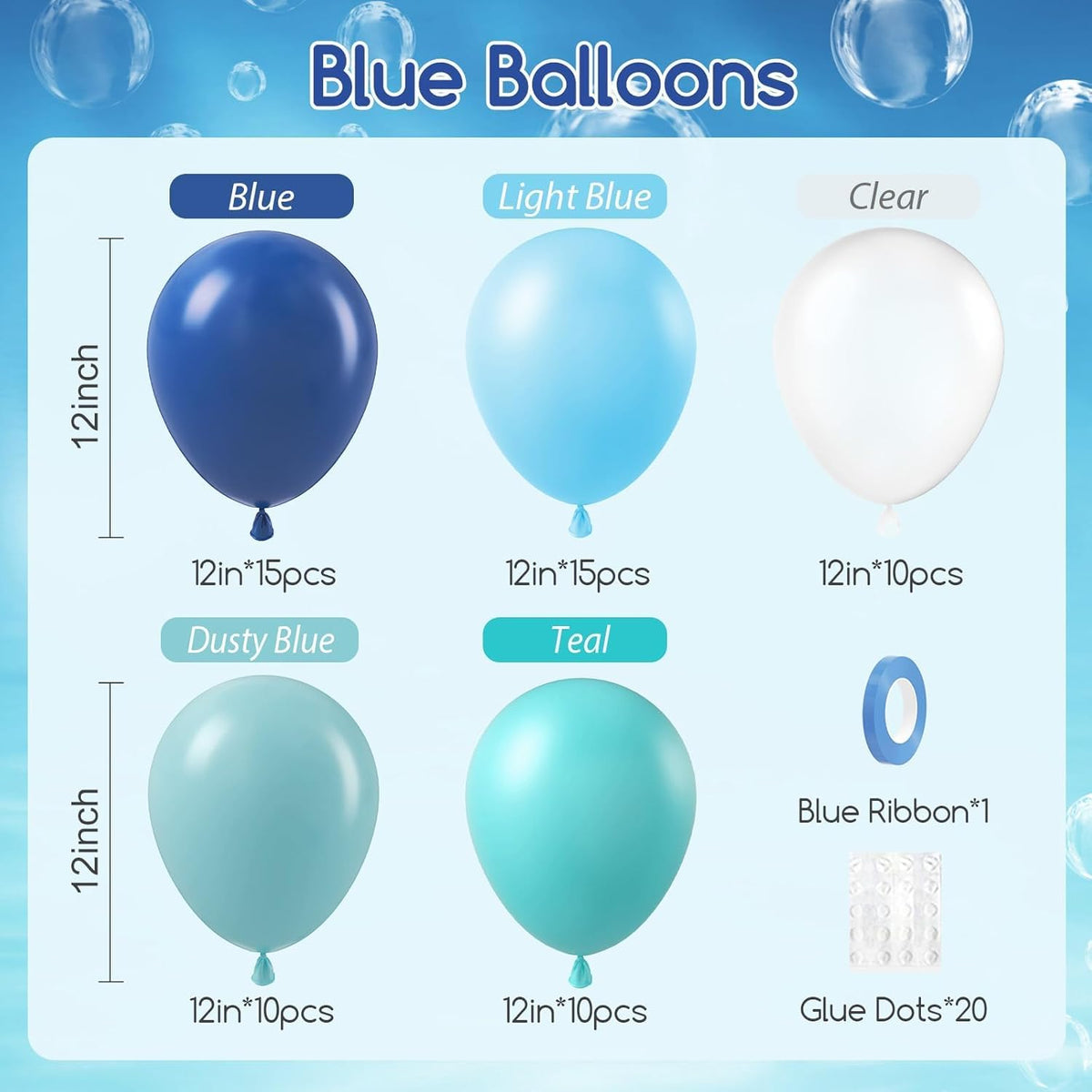 60pcs Under the Sea Balloons, Ocean Balloon with Light Blue Dusty Blue Teal Clear Balloons for