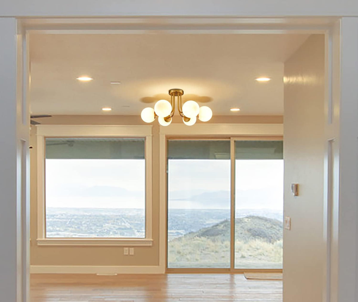 Modern Brushed Brass Gold 6-Light Ceiling Light with Globe White Glass Shade Semi Flush Mount Light