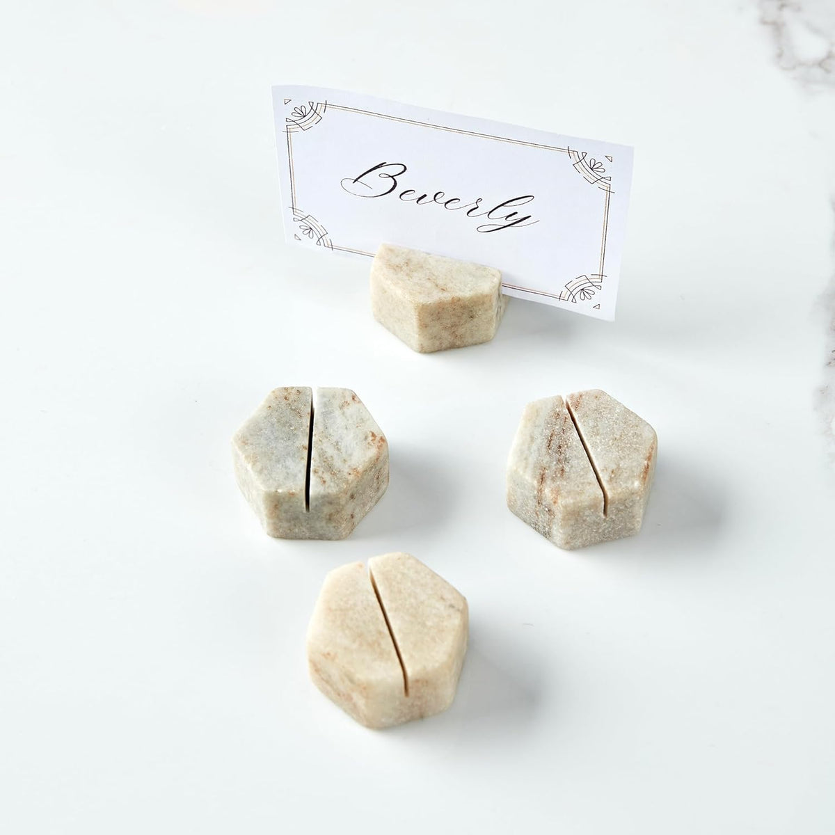 Marble Hexagon Place Card Holders, Unique Design Handmade Photo Display, Set of 4 Uniquely Textured