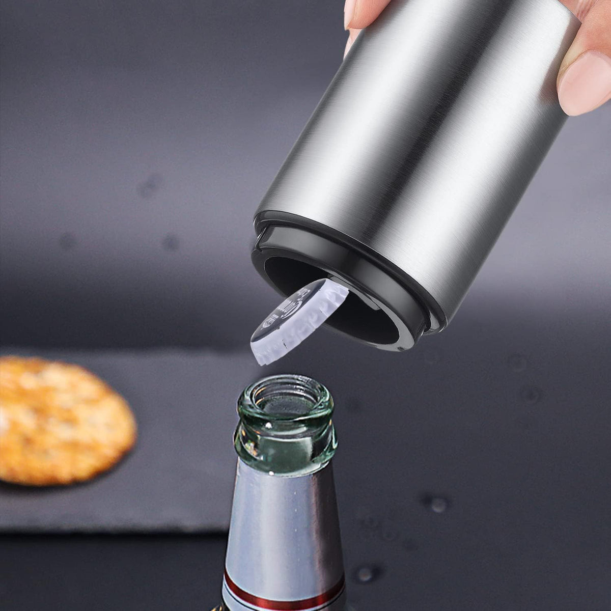 Premium Beer Bottle Opener (Silver), 1 PC Stainless Steel Automatic Push Down No Damage Quick to
