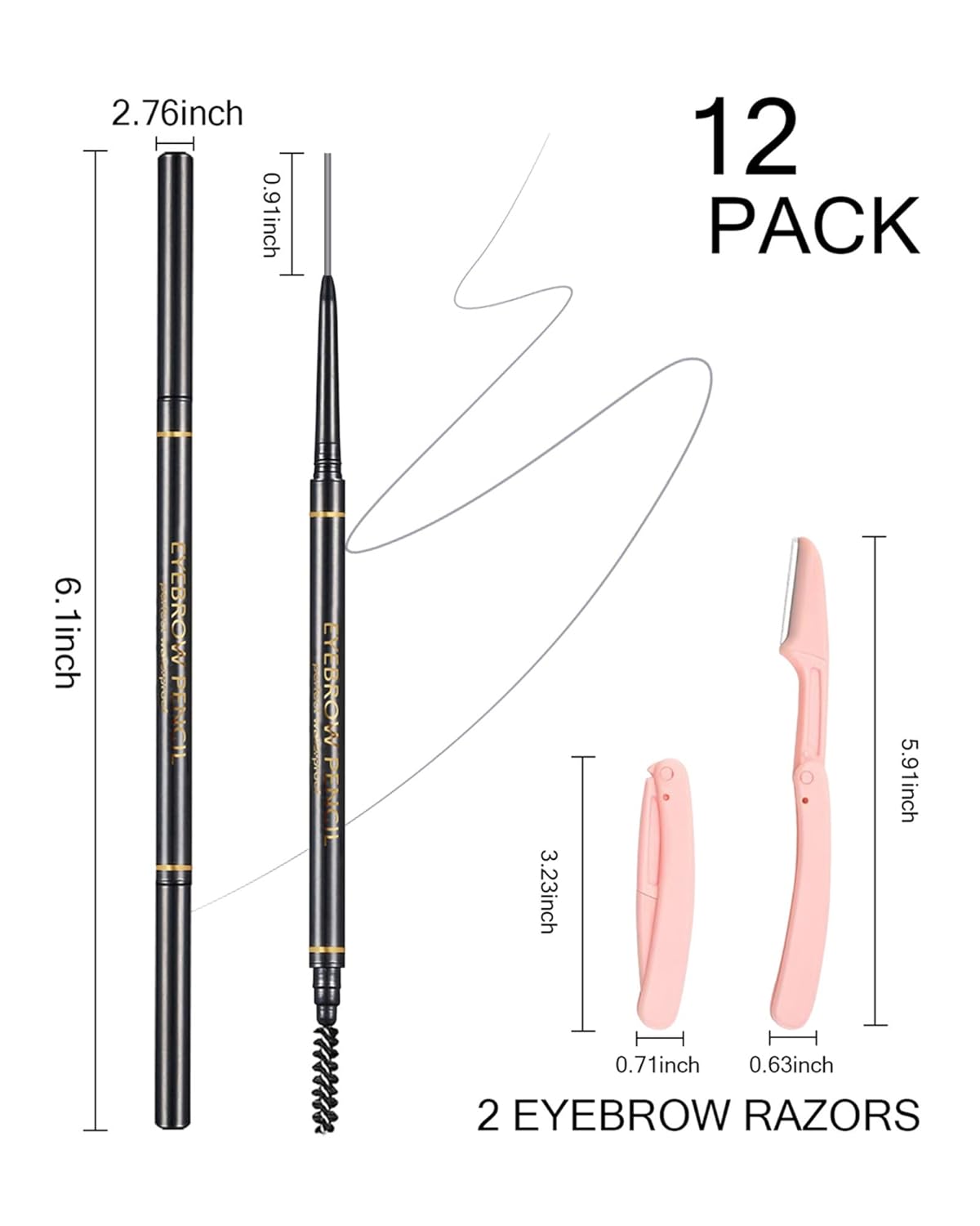 Gray Eyebrow Pencils for Women, 12Pcs Ultra Slim Eyebrow Pencil with 2 Brow Razors Kit, Double Head