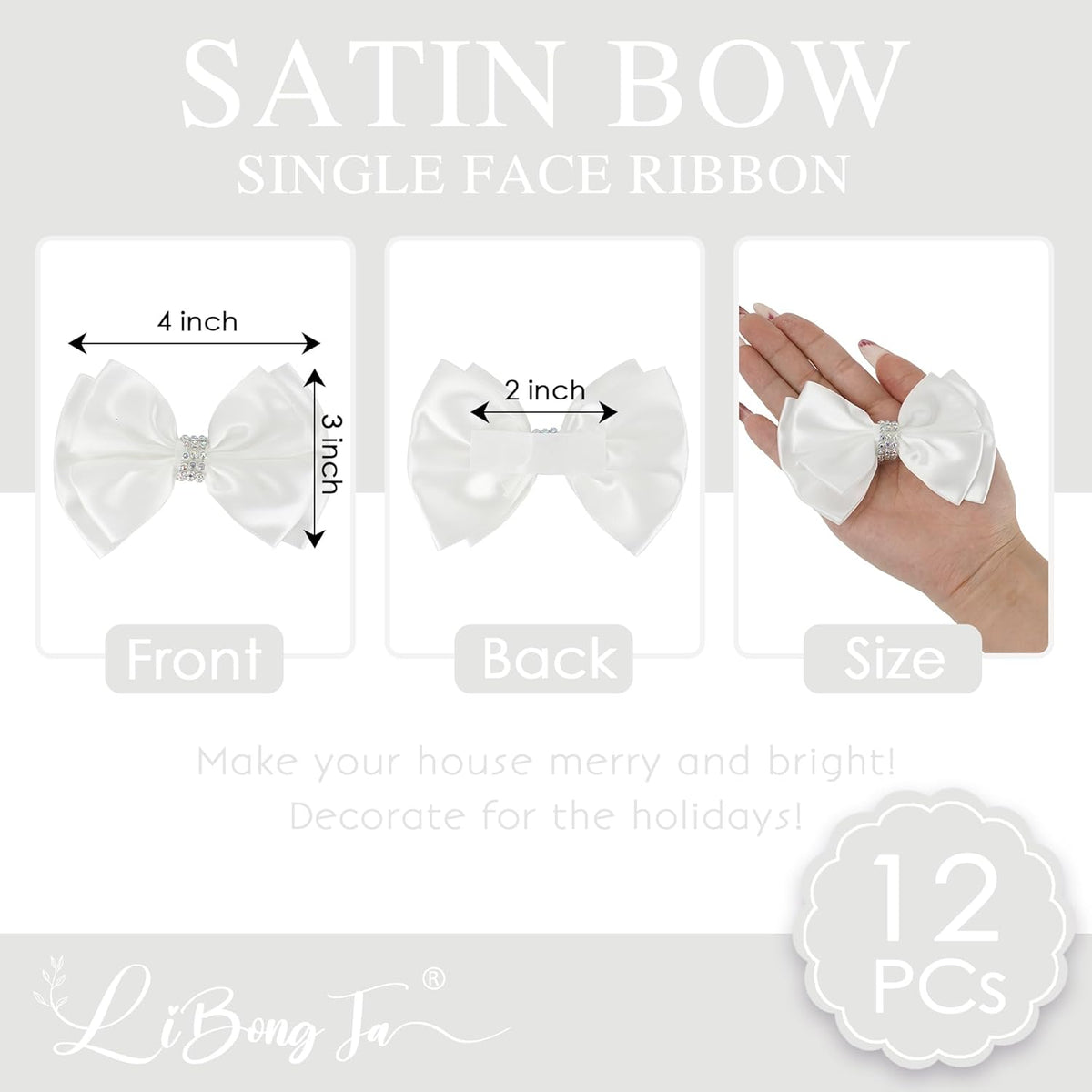 White Satin Bows 4'' Premade White Ribbon Bows, Gift Bows with Rhinestone, Wrapping Bows for