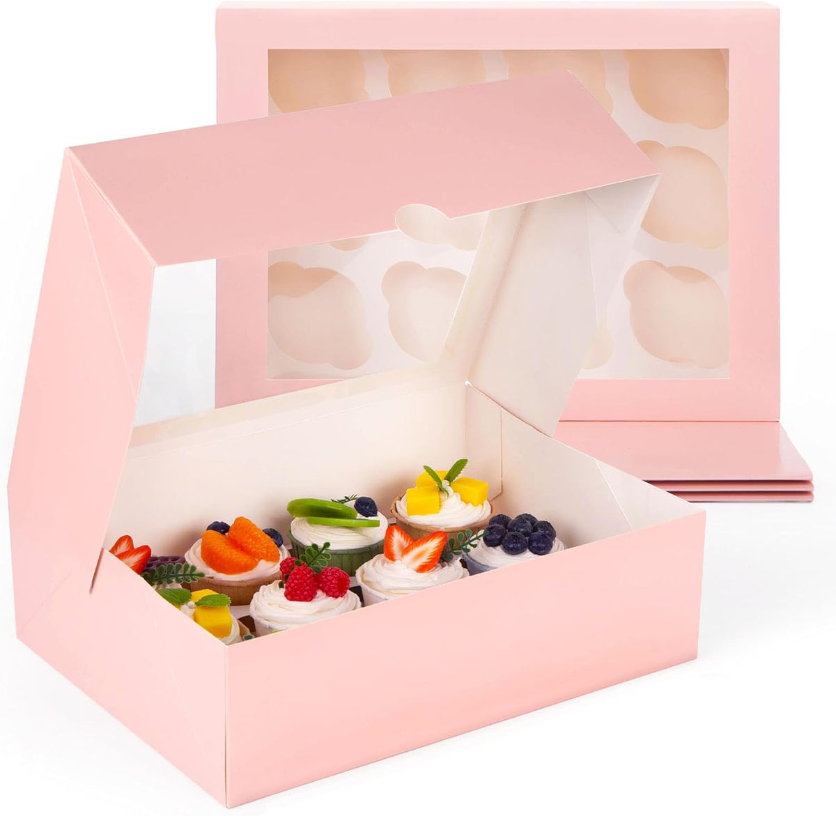 VGOODALL 12 Count Cupcake Boxes, 6PCS 13.2x9.8x4Inches Pink Cupcake Container with Window Boxes
